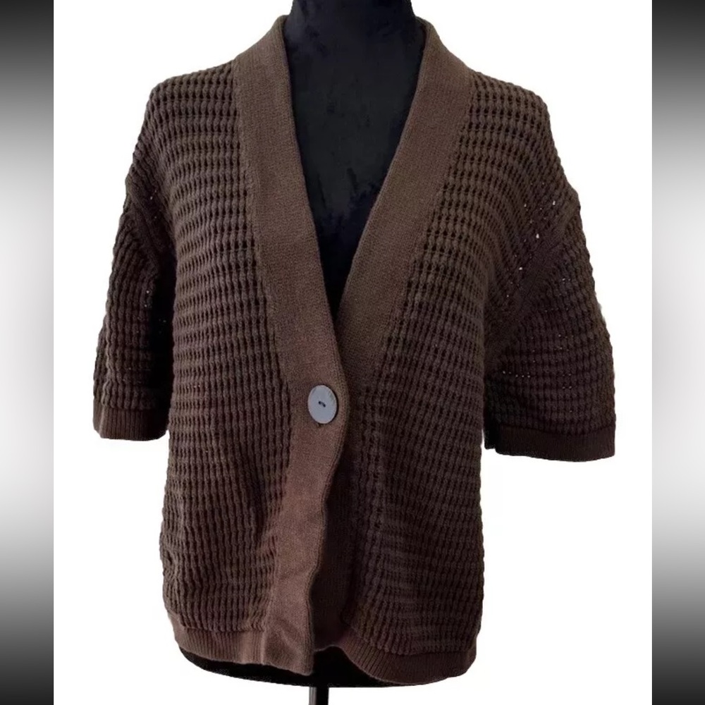 Josephine Chaus one button open weave ladies shrug‎ sweater size XL cotton brown